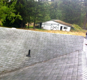 roof where we had to cut the furnace exhaust opening - included to show that we had to go through 2 layers of roof and to show the barn in the background